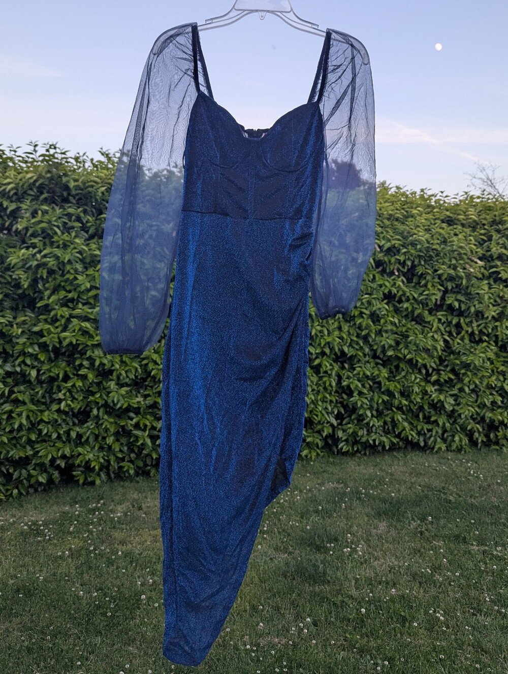 Metallic Navy Blue Asymmetrical Evening Dress with Sheer Puff Sleeves